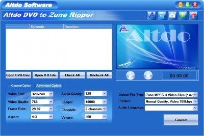 Altdo DVD to Zune Ripper 4.2 screenshot