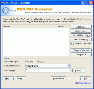 Any DWG to DXF Converter 2010 screenshot