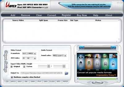 AVI MPEG MOV RM WMV iPod Video Converter 9.05 screenshot