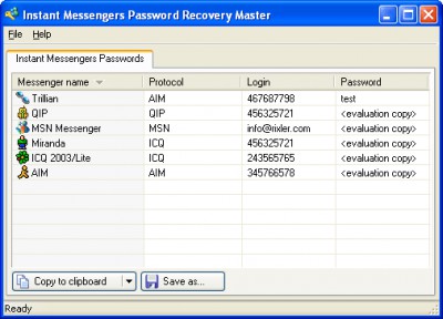 Instant Messengers Password Recovery Master 1.1 screenshot