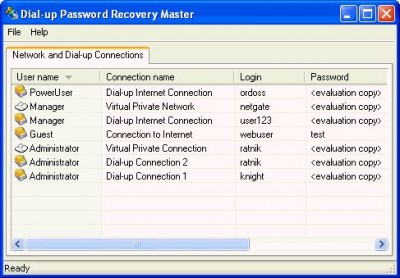 Network and Dial-up Password Revealer 1.3 screenshot