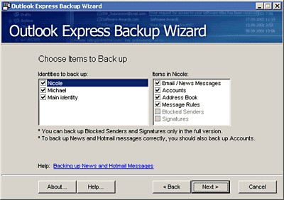 Outlook Express Backup Wizard 1.1 screenshot