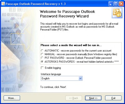 Passcape Outlook Password Recovery 3.0.0 screenshot