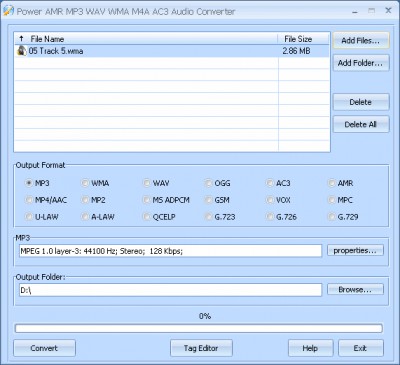 Power AMR MP3 WAV WMA M4A AC3 Audio Converter 4.1.95 screenshot